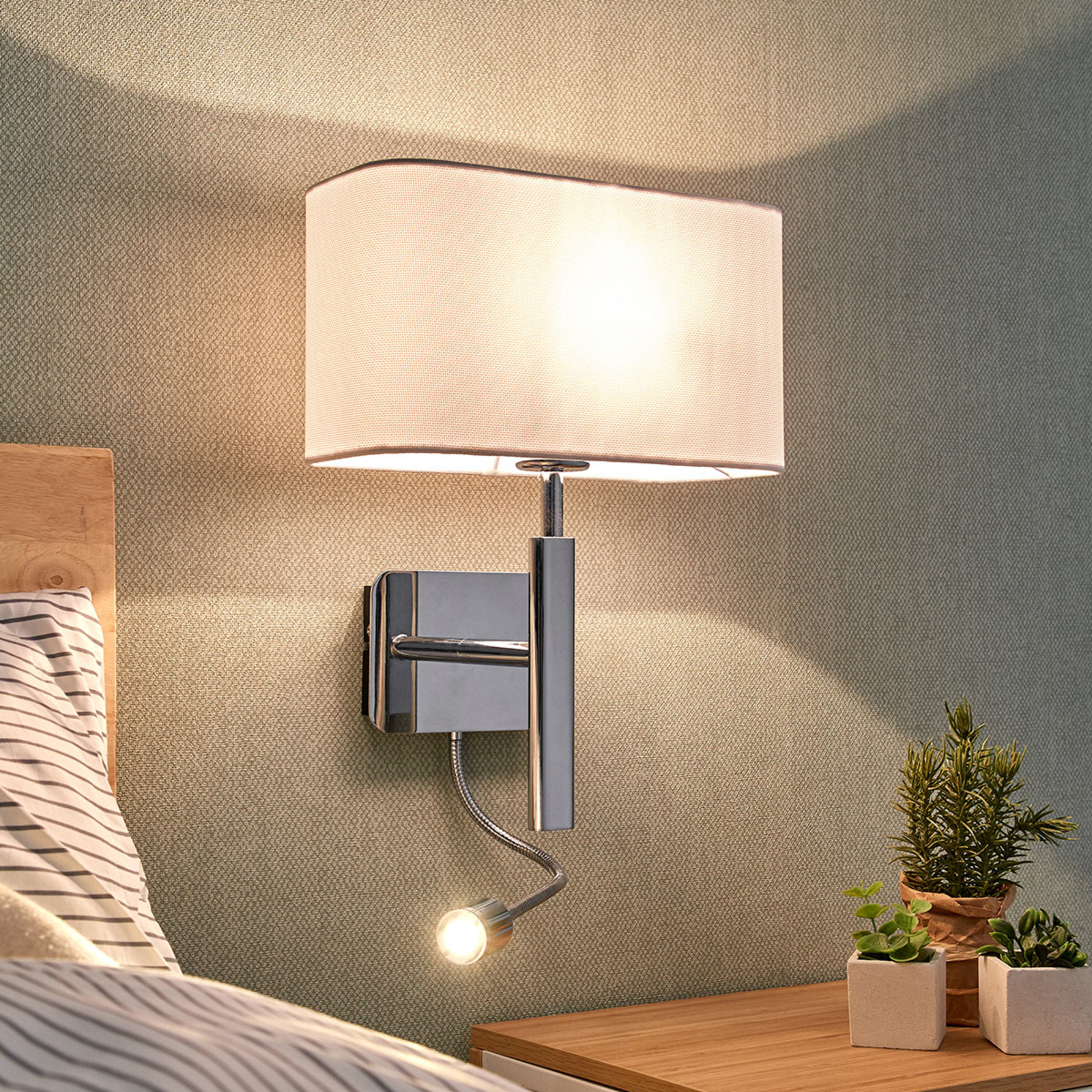 Lucande wall light Jettka, height 63 cm, reading arm, textile