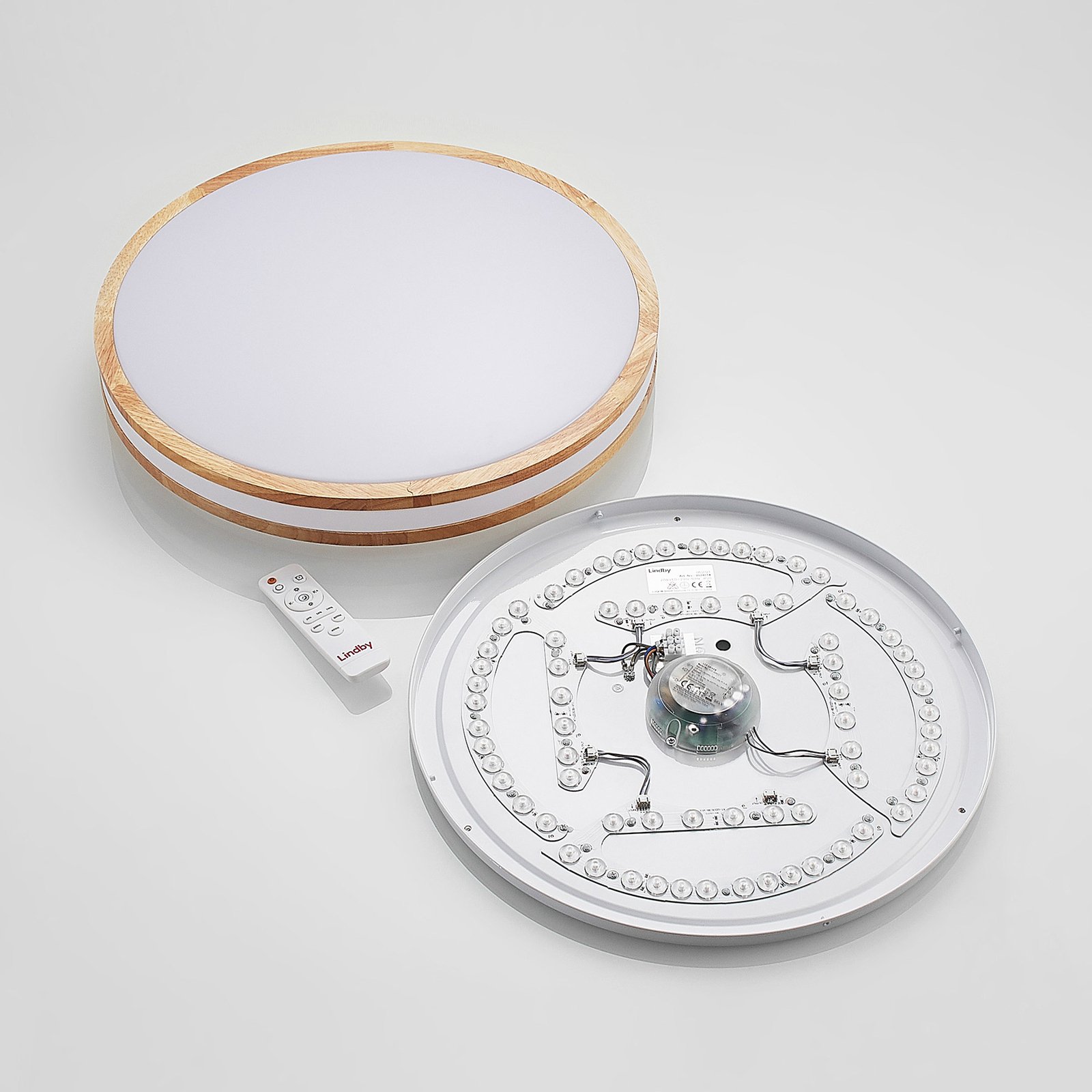 Lindby LED-Deckenlampe Emiva, 50cm, CCT, Fernbedienung, Holz