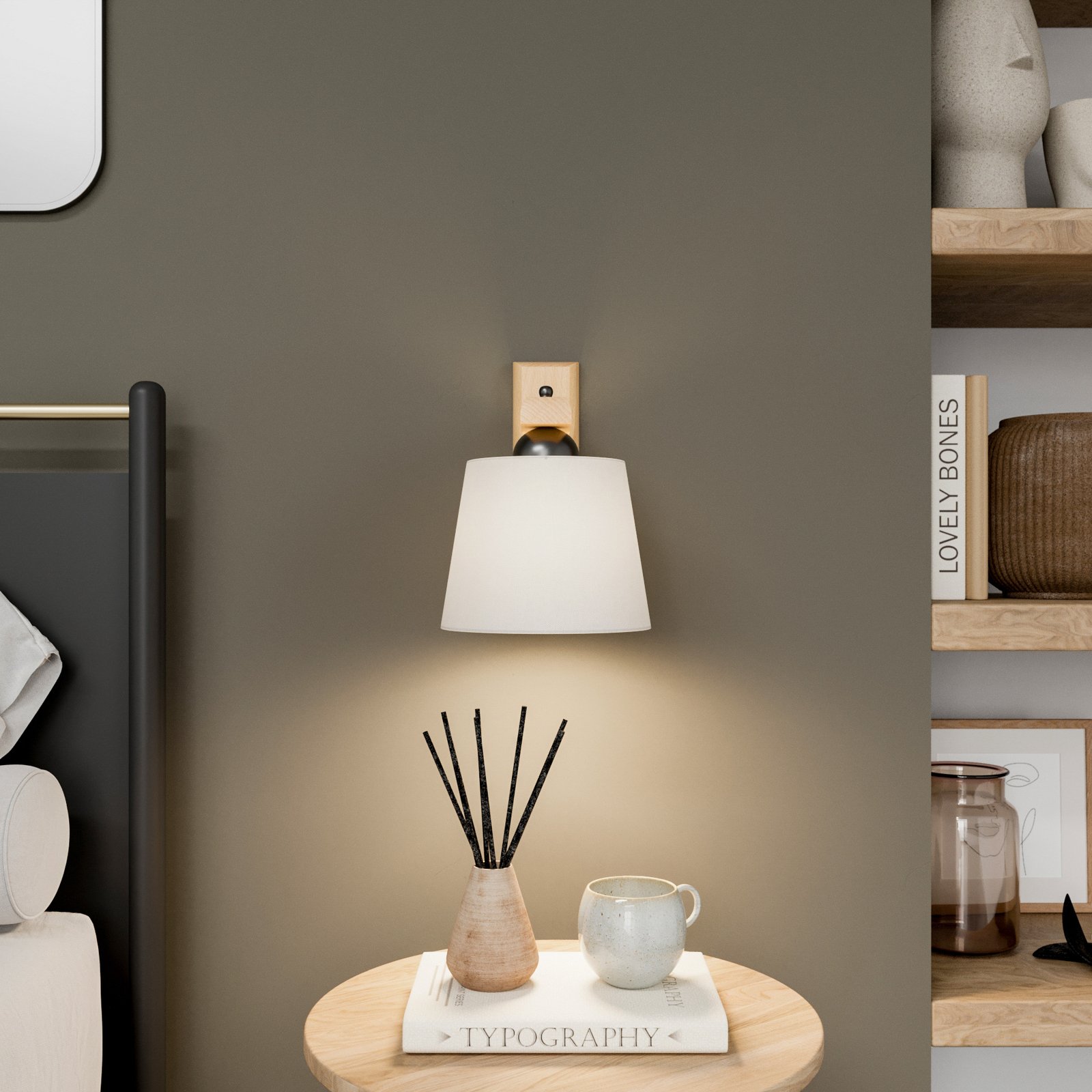 Vägglampa Sweden, vit, textil, ekträ, bredd 20 cm