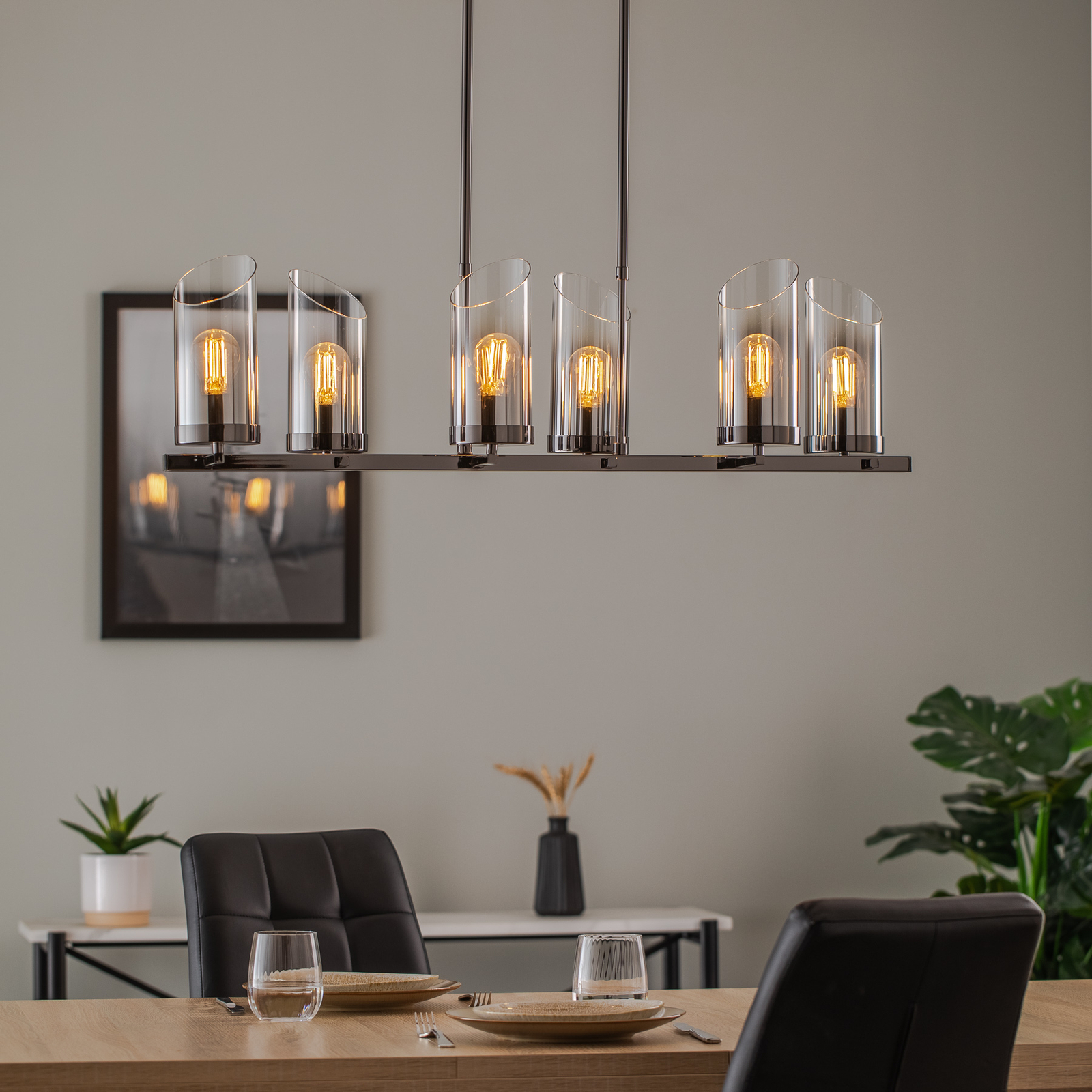 Kroonluchter Padrela, lineair, zwart-chroom, 6-lamps