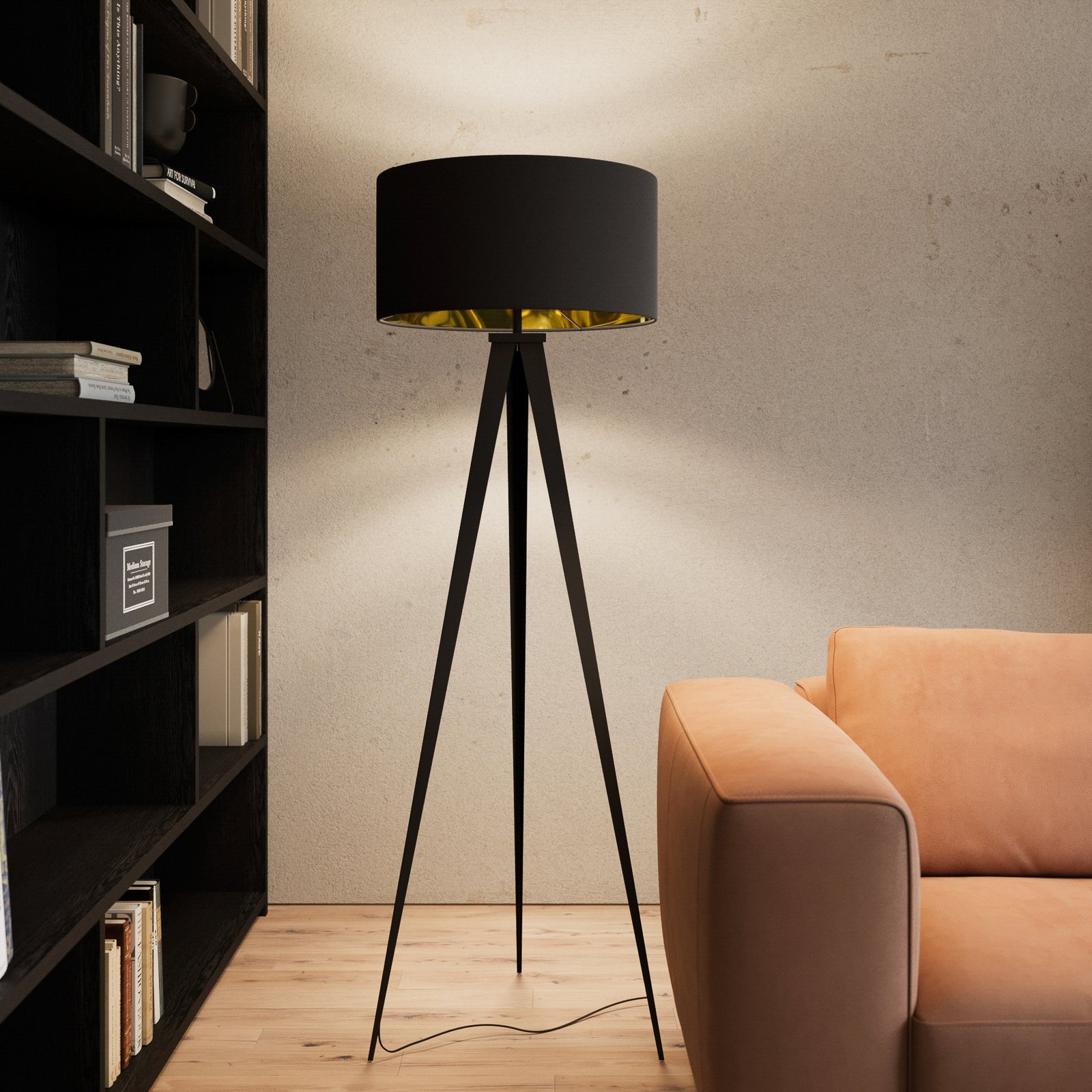 Lindby Stehlampe Benik, Tripod, Textil, schwarz/gold, 153cm