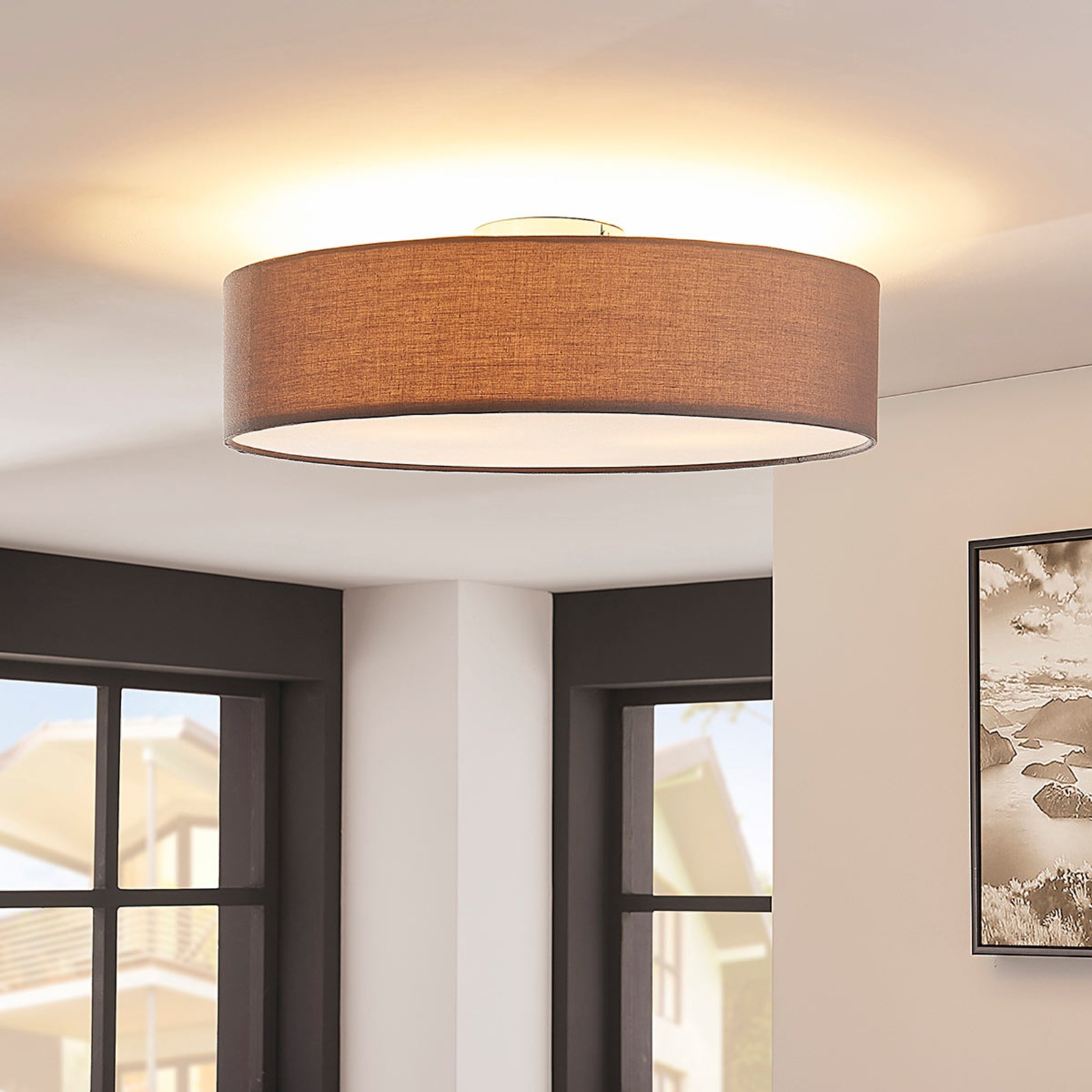 Lindby taklampe Sebatin, Ø 50 cm, grå, stoff, E27