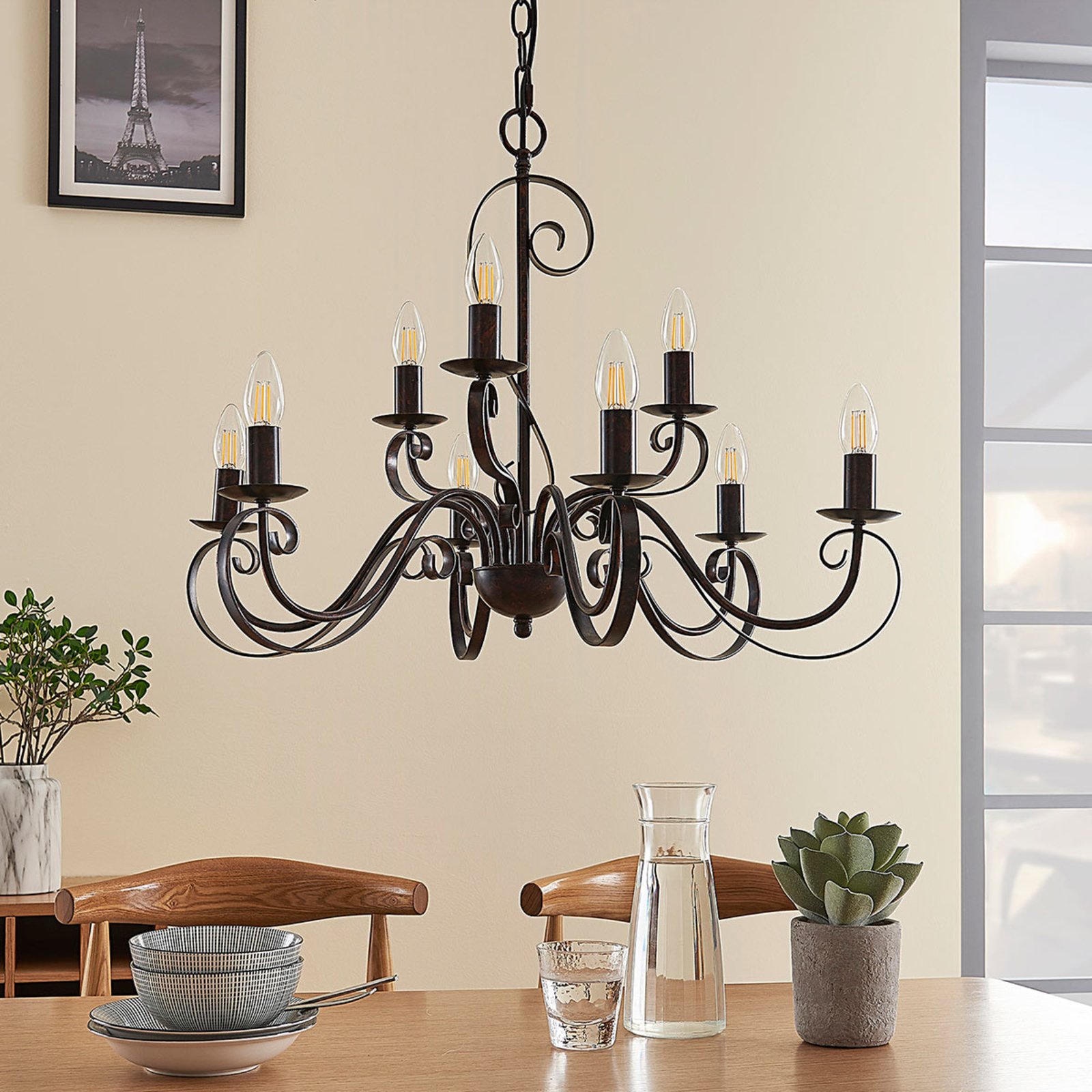 Lindby lühtri Caleb, 9-lampe, roostevaba, metall, E14