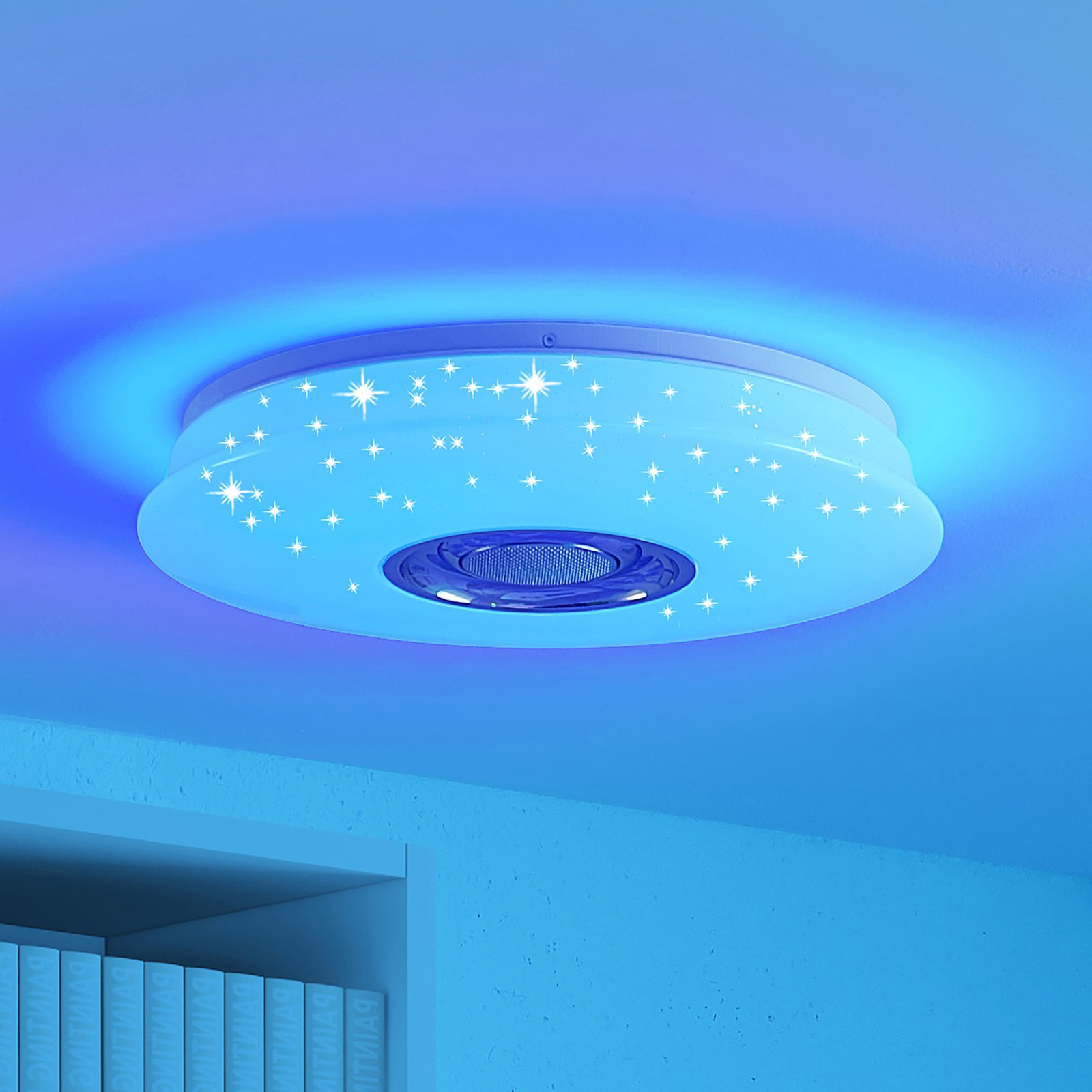 Lindby LED stropní svítidlo Elpida, reproduktor, bílé, Ø 39cm