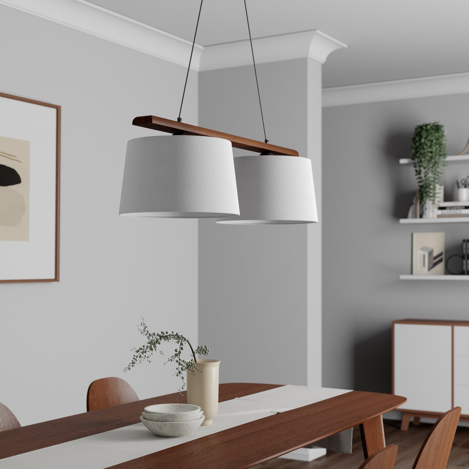 Sweden hanging light, antique white, textile, walnut, 2-bulb